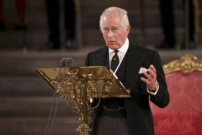 King Charles III speaks at Westminster Hall, where both Houses of Parliament were meeting on Monday to express their condolences after the death of Queen Elizabeth II. AP