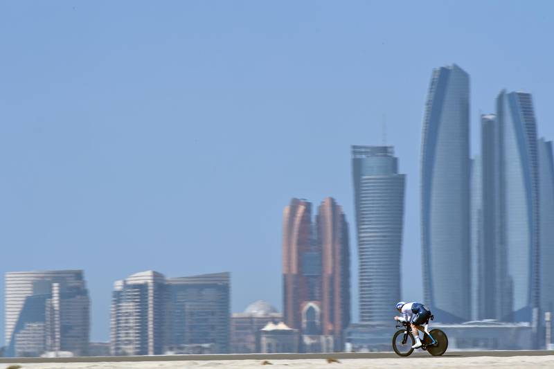 Germany's Andre Greipe pedals during the second stage of the UAE Tour cycling race, an individual time trial in Al Hudayriyat Island, United Arab Emirates, Monday, Feb. 22, 2021. (Fabio Ferrari/LaPresse via AP)