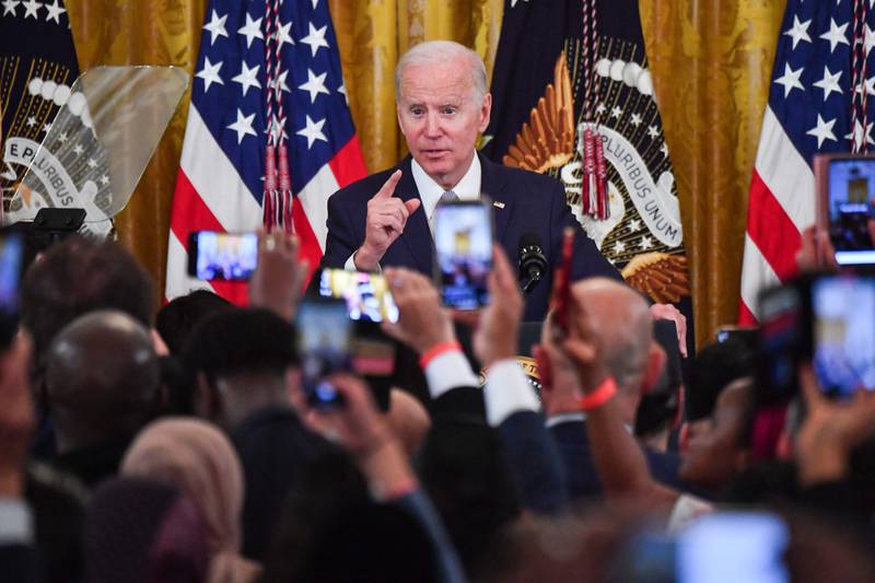 US President Joe Biden speaks during an Eid al-Fitr reception in the East Room of the White House in Washington.  AFP