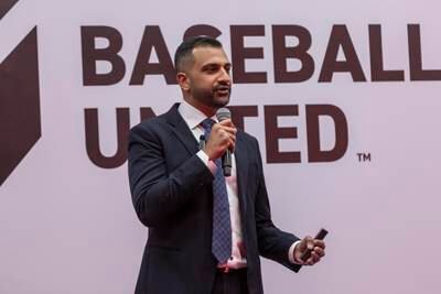 Baseball United’s CEO Kash Shaikh at the launch of Baseball United’s Dubai Showcase. Antonie Robertson / The National