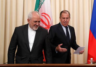 epa06698591 (L-R) Iranian Foreign Minister Mohammad Javad Zarif, Russian Foreign Minister Sergei Lavrov, and Turkish Foreign Minister Mevlut Cavusoglu (not pictured) give a news conference following their trialteral on the Syrian crisis in Moscow, Russia, 28 April 2018. Russia hosts a trilateral with Turkey and Iran to discuss current developments in Syria including an alleged chemical attack in Douma.  EPA/SERGEI CHIRIKOV
