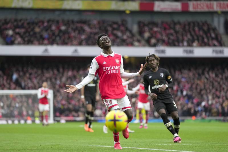 Arsenal's Bukayo Saka shows his frustration during the first half at the Emirates Stadium. AP