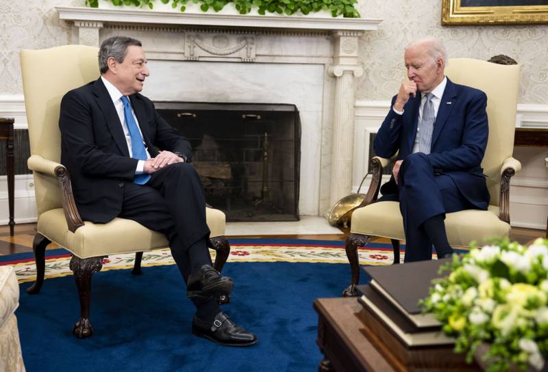 US President Joe Biden meets Italian Prime Minister Mario Draghi in the Oval Office of the White House. Bloomberg