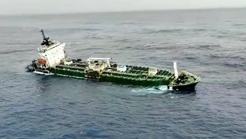 The ship is listing after taking on water in this video footage shot by an Indian Coastguard helicopter. Photo: Indian Coastguard