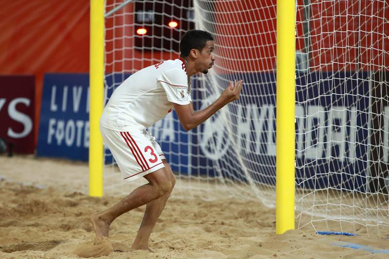 ASUNCION, PARAGUAY - NOVEMBER 22: Ahmed Beshr of United Arab Emirates celebrates after scoring a goal during the FIFA Beach Soccer World Cup Paraguay 2019 group C match between Belarus and United Arab Emirates at Estadio Mundialista "Los Pynandi" on November 22, 2019 in Asuncion, Paraguay. (Photo by Hector Vivas - FIFA/FIFA via Getty Images)