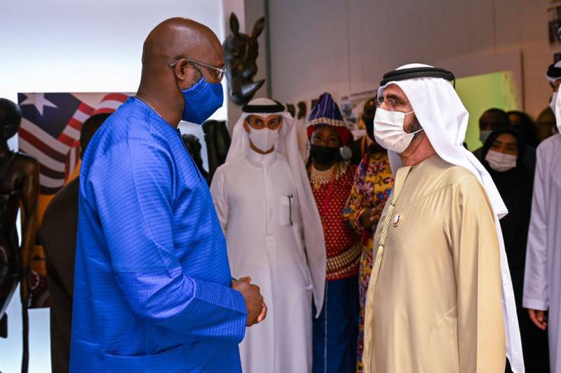 Sheikh Mohammed also met Liberian President George Weah at his country's pavilion. 