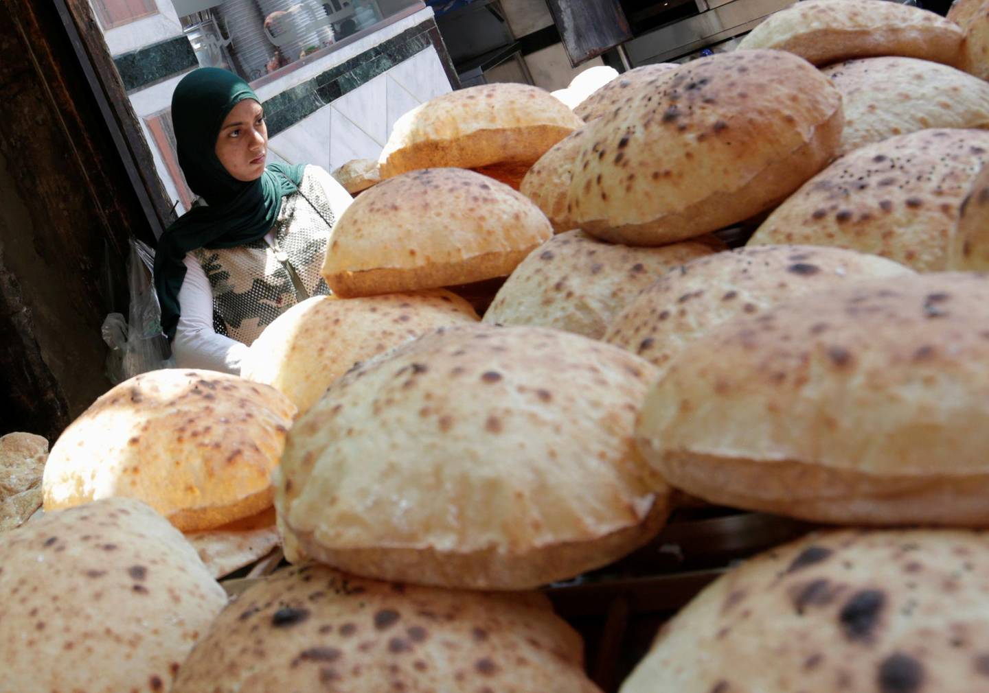 Bread is displayed at a government-run bakery in Cairo, Egypt.