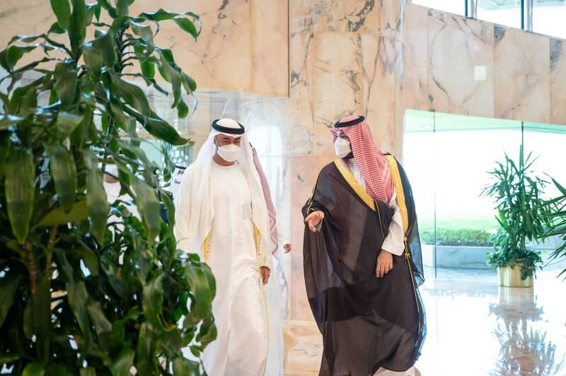 Sheikh Mohamed bin Zayed, Crown Prince of Abu Dhabi and Deputy Supreme Commander of the Armed Forces, is received by Saudi Arabia's Crown Prince Mohammed bin Salman, at King Khalid International Airport in Riyadh, on Monday.