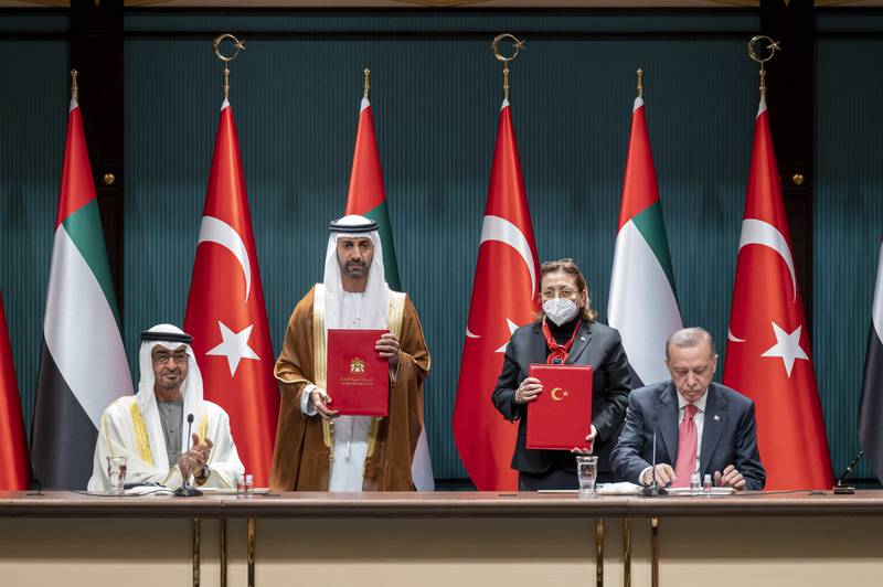 Sheikh Mohamed and Mr Erdogan at the ceremony, where an agreement was signed between Saeed Al Dhaheri, chief executive of the Abu Dhabi Securities Exchange, and Erisah Arican, chairman of Borsa Istanbul. Hamad Al Kaabi / Ministry of Presidential Affairs
