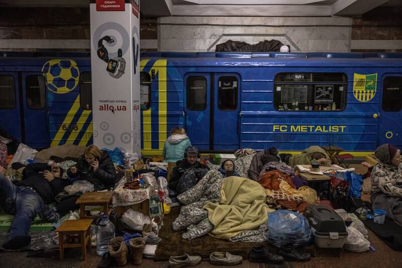 People use a subway station as a bomb shelter in Kharkiv, Ukraine. EPA