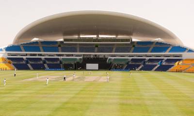 MCC's Jon Lewis runs in to bowl the first ball of the English season during the LV County Championship match at Sheikh Zayed Stadium, Abu Dhabi.   (Photo by Gareth Copley/PA Images via Getty Images)