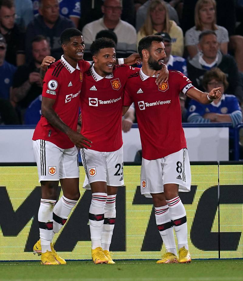 Jadon Sancho celebrates scoring Manchester United's goal in the 1-0 Premier League victory at Leicester's King Power Stadium on September 1, 2022. PA