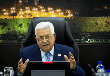 Palestinian President Mahmoud Abbas chairs a session of the weekly cabinet meeting in Ramallah on April 29, 2019. AP