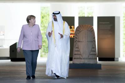 BERLIN, GERMANY - June 12, 2019: HE Angela Merkel, Chancellor of Germany (L), bids farewell to HH Sheikh Mohamed bin Zayed Al Nahyan, Crown Prince of Abu Dhabi and Deputy Supreme Commander of the UAE Armed Forces (R), after a meeting at the Chancellor's Office in Berlin, Germany.


(Eissa Al Hammadi / For the Ministry of Presidential Affairs )