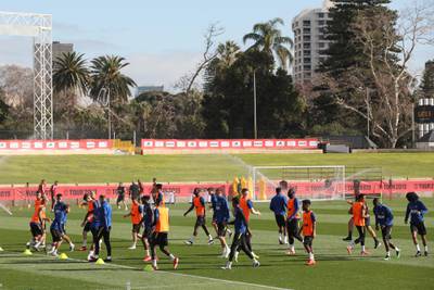 Manchester United players attend a training session at the WACA in Perth.  EPA