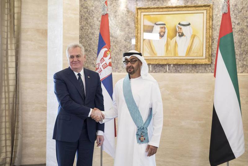 Tomislav Nikolic, President of Serbia, presents Sheikh Mohammed bin Zayed, Crown Prince of Abu Dhabi and Deputy Supreme Commander of the Armed Forces, with The Order of the Republic of Serbia medal during a meeting at Al Shati Palace. Ryan Carter / Crown Prince Court - Abu Dhabi