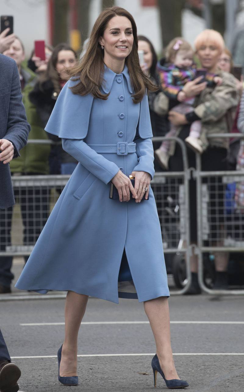 Catherine, Duchess of Cambridge, wears pale blue Mulberry for an engagement in Ballymena, Co Antrim, Northern Ireland, on February 28, 2019. Getty Images