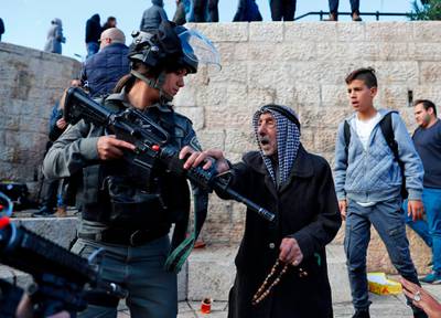 Another view of Israeli forces dispersing Palestinian protestors outside Damascus Gate in Jerusalem's Old City on December 7, 2017. Ahmad Gharabli / AFP