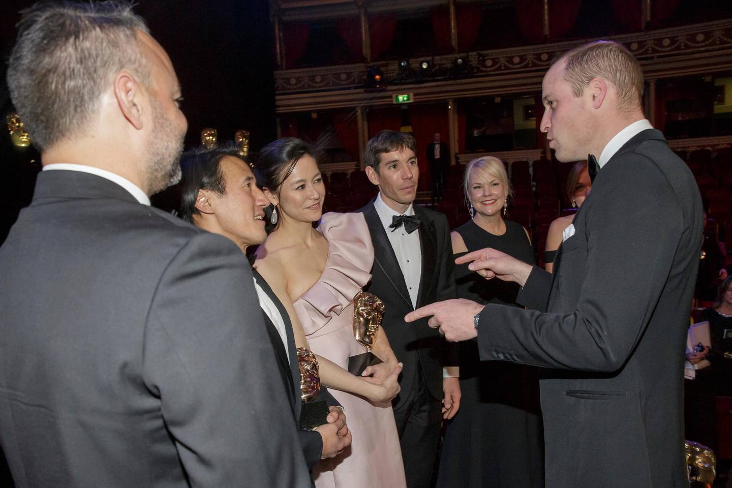Britain's Prince William meets the team behind the film Free Solo after the BAFTA 2019 Awards at The Royal Albert Hall in London, Sunday Feb. 10, 2019. (AP Photo/Tim Ireland, Pool)