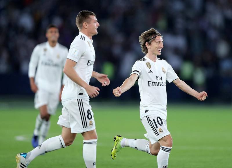 Abu Dhabi, United Arab Emirates - December 22, 2018: Luca Modric of Real Madrid scores during the match between Real Madrid and Al Ain at the Fifa Club World Cup final. Saturday the 22nd of December 2018 at the Zayed Sports City Stadium, Abu Dhabi. Chris Whiteoak / The National