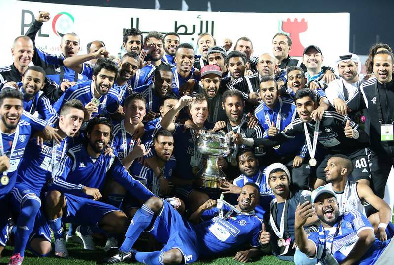 DUBAI , UNITED ARAB EMIRATES – Jan 30 , 2015 : Al Nasr team celebrating after wining the Arabian Gulf Cup at Rashid stadium in Dubai. They beat Sharjah by 4 - 1. ( Pawan Singh / The National ) For Sports. Story by Gary