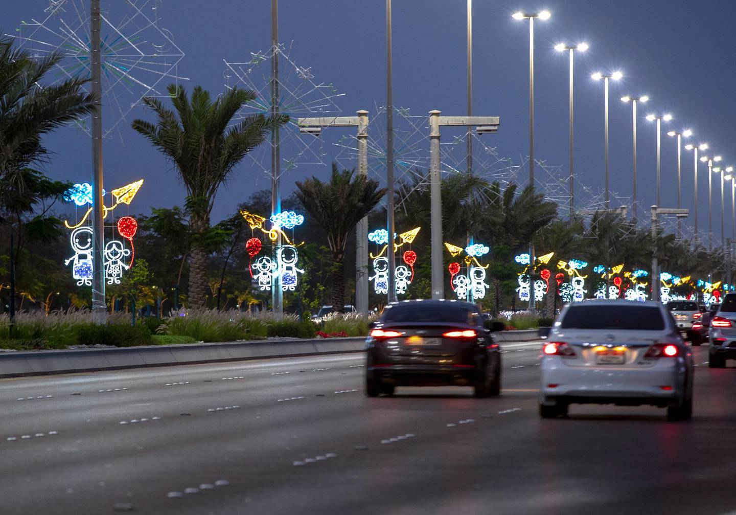 Emirates, March 14, 2021.  Emirati Children's Day lights on Corniche Road.Victor Besa/The NationalSection:  NA