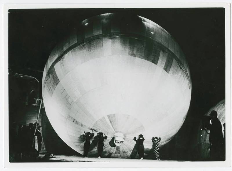 A Japanese explosive balloon is inflated. Photo courtesy of the Robert Mikesh Collection, National Museum of the Pacific War.