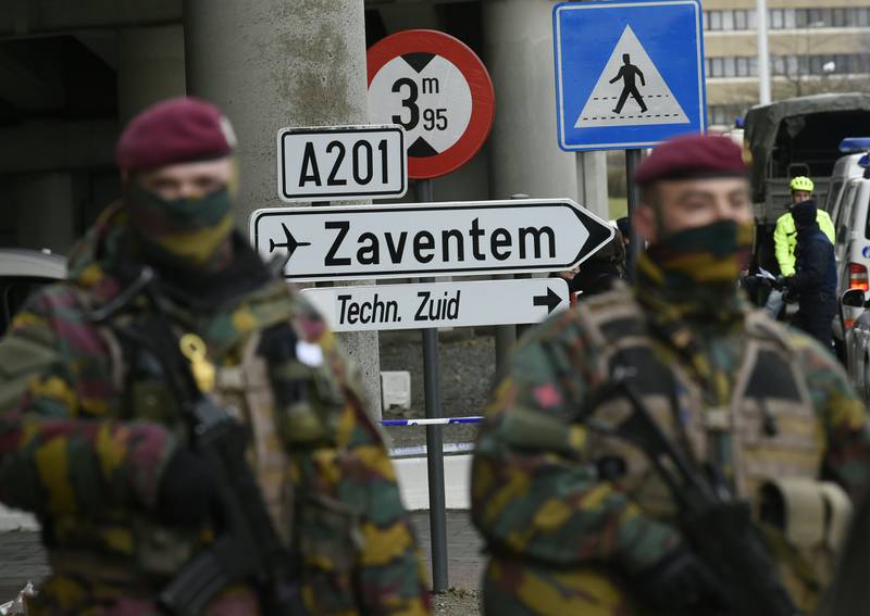 Soldiers guard Brussels' Zaventem Airport in March 2016. AFP