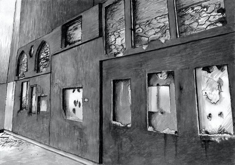 Mosul Museum Interiors.  He used this ink to make a series of drawings based on photographs taken inside the Mosul Museum, bringing burned remnants of the artefacts and the building back to life as new works of art. Courtesy Ashmolean, University of Oxford