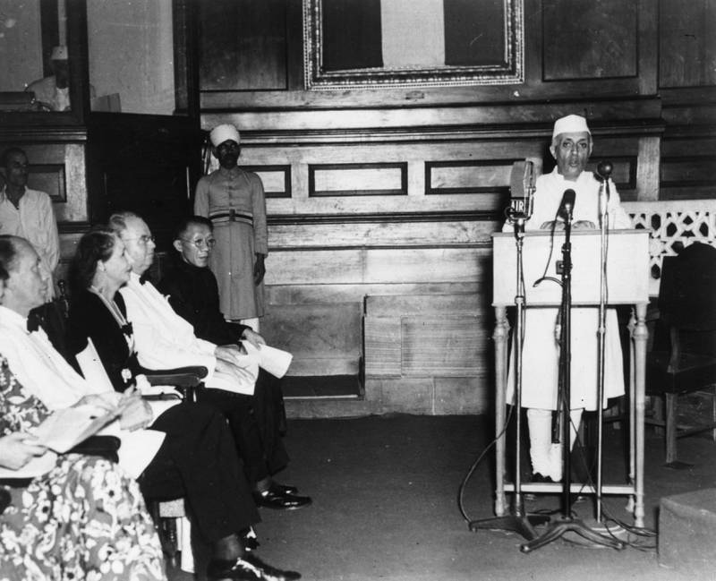 India's first prime minister Jawaharlal Nehru making his speech at midnight when the new self-governing dominion of India was formed. Getty Images