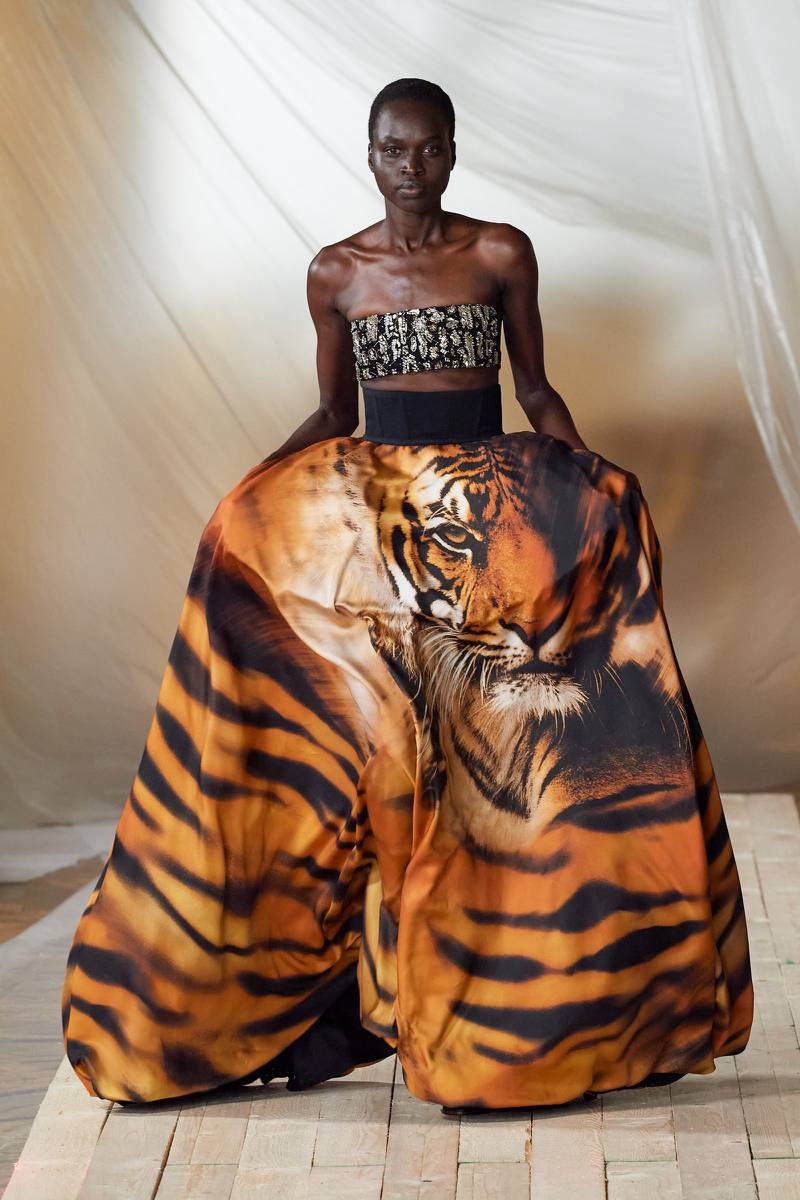 Taking the signature animal print of Roberto Cavalli literally, this tiger skirt and top was wonderfully kitsch. Photo: Roberto Cavalli