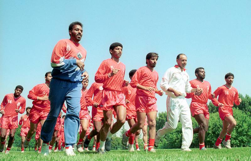 The UAE national football team during a training session at Imola in Italy before the World Cup first-round matches in May 1990. AFP