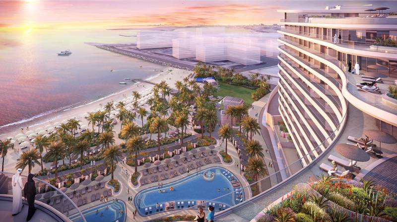 A rendering of the Waldorf Astoria Lusail, Doha, showing the hotel's palm-tree-lined private beach, swimming pools and tiered balconies. Photo: Hilton
