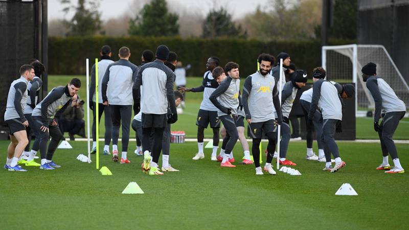 Liverpool players attend a training session at their training ground in Kirkby, north of Liverpool in northwest England, on December 6, 2021, on the eve of their Champions League Group B football match against AC Milan. AFP
