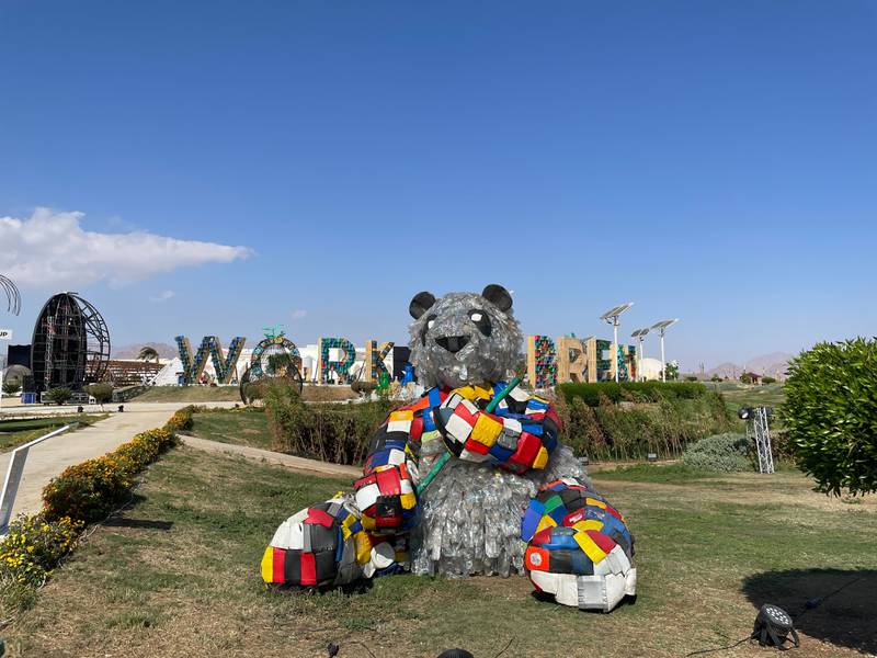 It is dotted with life-size art installations, including a large panda made from recycled materials such as pieces of glass and plastic bottles. Fatima Al Mahmoud / The National