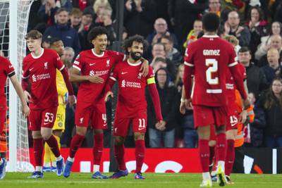 Liverpool's Mohamed Salah, centre, celebrates after scoring his side's fifth goal during the Europa League match against Toulouse at Anfield on Thursday, October 26, 2023. AP