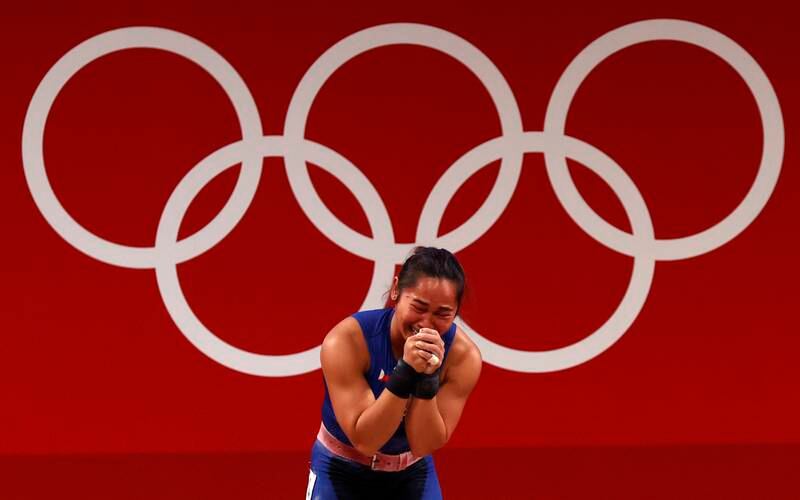 Hidilyn Diaz of the Philippines reacts after winning gold.