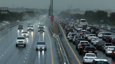 Traffic congestion in Dubai due to rainfall.  Satish Kumar / The National