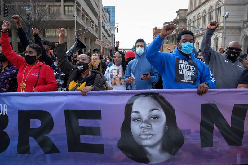 Protesters rally on the anniversary of Taylor's death in Louisville. AFP