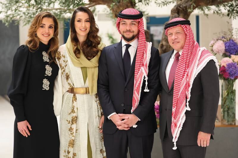 The happy couple in the presence of King Abdullah II and Queen Rania Al Abdullah. Photo: Royal Hashemite Court