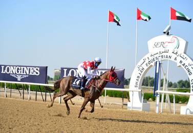 Ryan Curatolo eases Zuhoor across the finishing line in Sharjah on Saturday. Courtesy Sharjah Equestrian Club