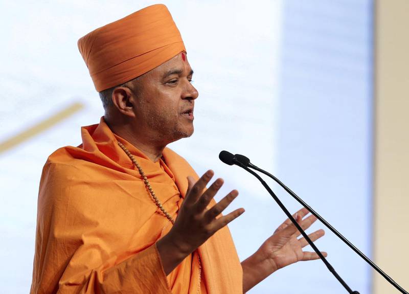 Abu Dhabi, United Arab Emirates - February 03, 2019: H.E. Swami Brahmavihari speaks in the second session at the Global Conference of Human Fraternity. Sunday the 3rd of February 2019 at Emirates Palace, Abu Dhabi. Chris Whiteoak / The National