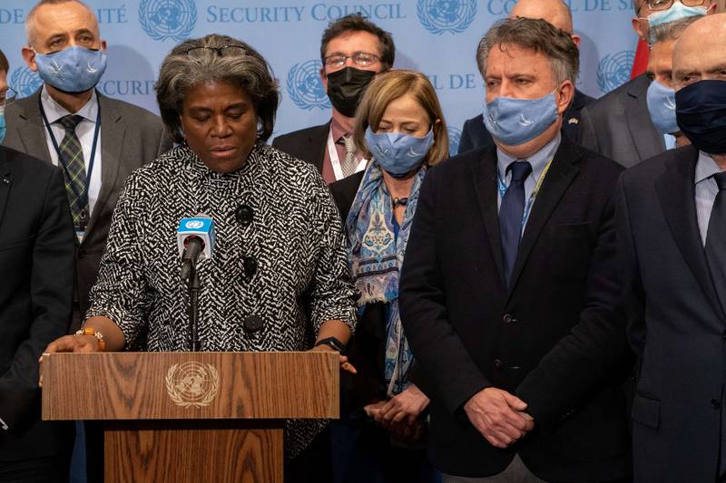 Ambassador Linda Thomas-Greenfield, Washington’s Permanent Representative to the UN, addresses the media after the UN Security Council meeting in New York on February 25, 2022. Her Ukrainian counterpart, Sergiy Kyslytsya, is by her side. Getty