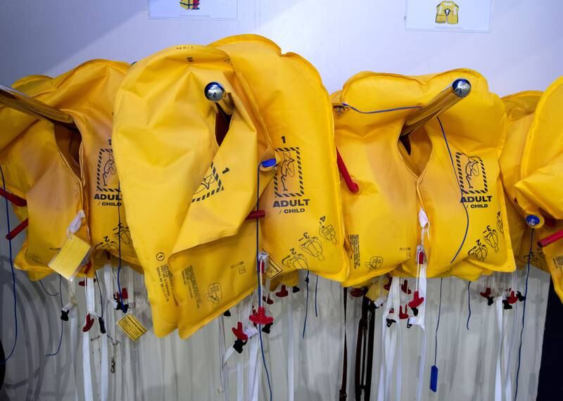 Life jackets at the Etihad Aviation Training Centre at Khalifa City in Abu Dhabi. Victor Besa / The National