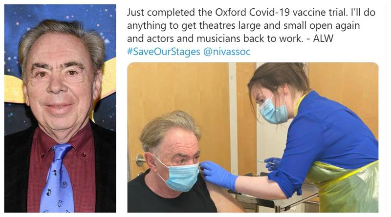 ‘Phantom of the Opera’ composer Andrew Lloyd Webber participated in the Oxford Covid-19 vaccine trial in August. The musical maestro said he volunteered as part of his efforts to 'get theatres large and small open again'. AFP,  Twitter