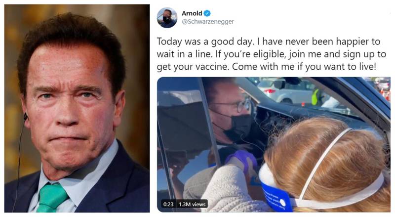 Actor - and former Governor of California - Arnold Schwarzenegger shared his drive-through visit to get the vaccine. 'I would recommend it for anyone and everyone,' he said in a video posted to Twitter, adding the famous line from his film 'Terminator 2' - 'Come with me if you want to live'. Reuters, Twitter