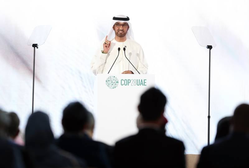 Dr Sultan Al Jaber, Cop28 President-designate, at the opening ceremony for Pre-Cop in Abu Dhabi. Chris Whiteoak / The National