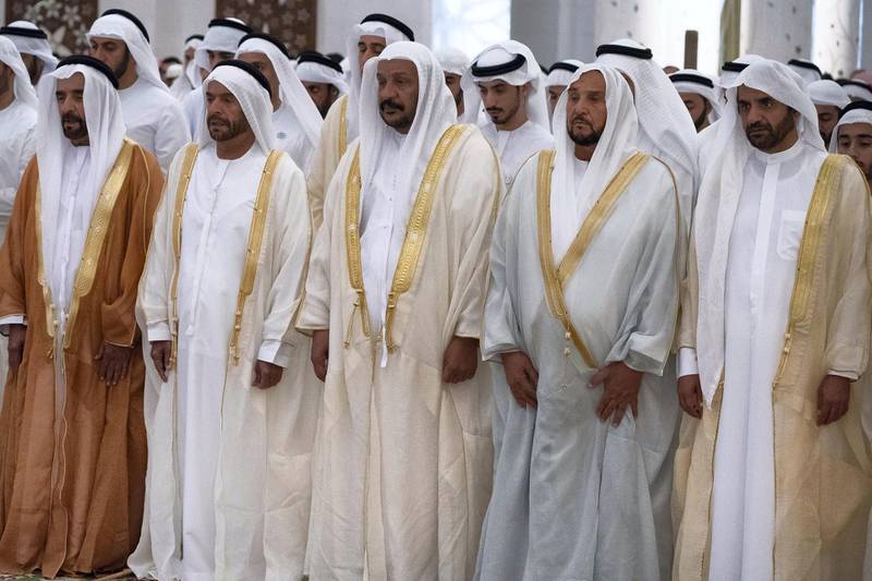 ABU DHABI, UNITED ARAB EMIRATES - June 15, 2018: (R-L) HH Sheikh Ahmed bin Saif bin Mohamed Al Nahyan
HH Sheikh Saeed bin Mohamed Al Nahyan, HH Sheikh Mohamed bin Butti Al Hamed, HH Sheikh Suroor bin Mohamed Al Nahyan and HH Sheikh Saif bin Mohamed Al Nahyan, attend Eid Al Fitr prayers at the Sheikh Zayed Grand Mosque. 

( Hamad Al Kaabi / Crown Prince Court - Abu Dhabi )
---