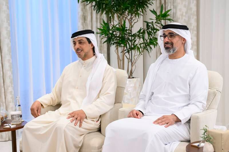 Sheikh Mansour bin Zayed, Deputy Prime Minister and Minister of the Presidential Court, and Sheikh Khaled bin Mohamed, member of the Abu Dhabi Executive Council and chairman of the Abu Dhabi Executive Office, attend a meeting at Al Shati Palace.