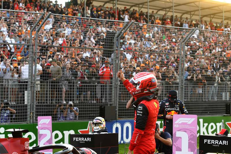 Ferrari's Charles Leclerc celebrates taking pole position for the Formula One Australian Grand Prix in Melbourne. AFP